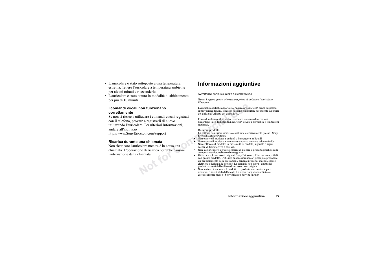 Informazioni aggiuntive, Informazioni aggiuntive 77, No t fo r c om me rci al u se | Sony HBH-60 User Manual | Page 77 / 95