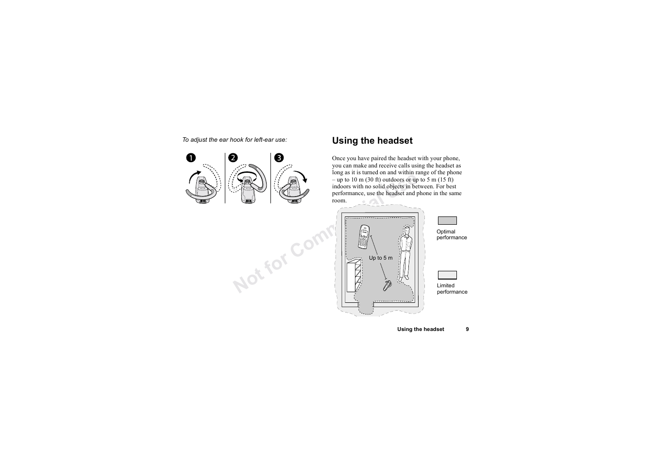 Using the headset, Using the headset 9, No t fo r c om me rci al u se | Sony HBH-60 User Manual | Page 9 / 95