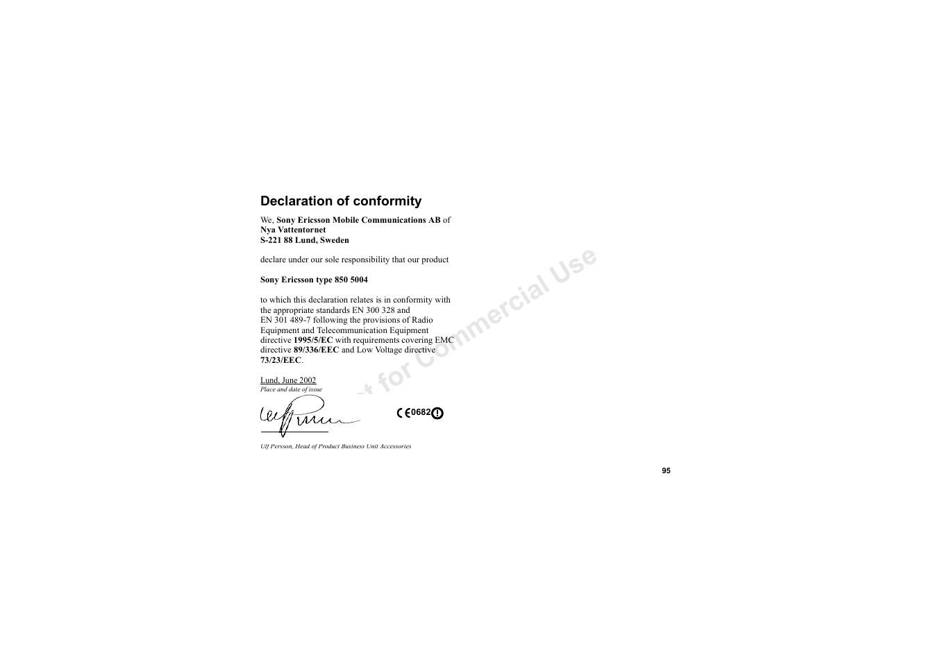 Declaration of conformity, Declaration of conformity 95, No t fo r c om me rci al u se | Sony HBH-60 User Manual | Page 95 / 95