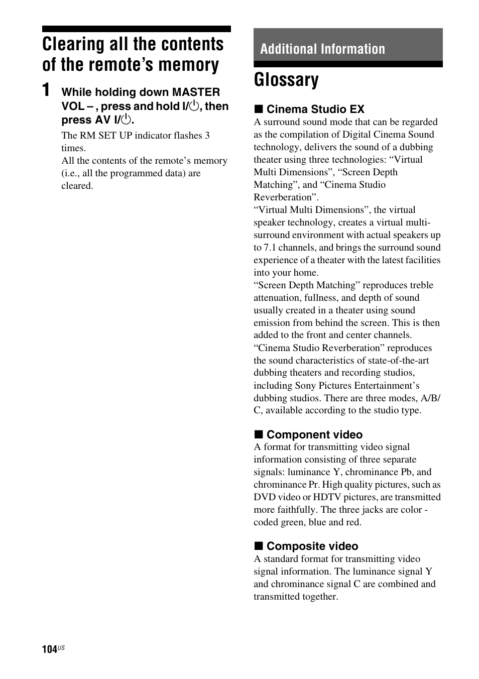 Clearing all the contents of the remote’s memory, Additional information, Glossary | Sony STR-DG920 User Manual | Page 104 / 116