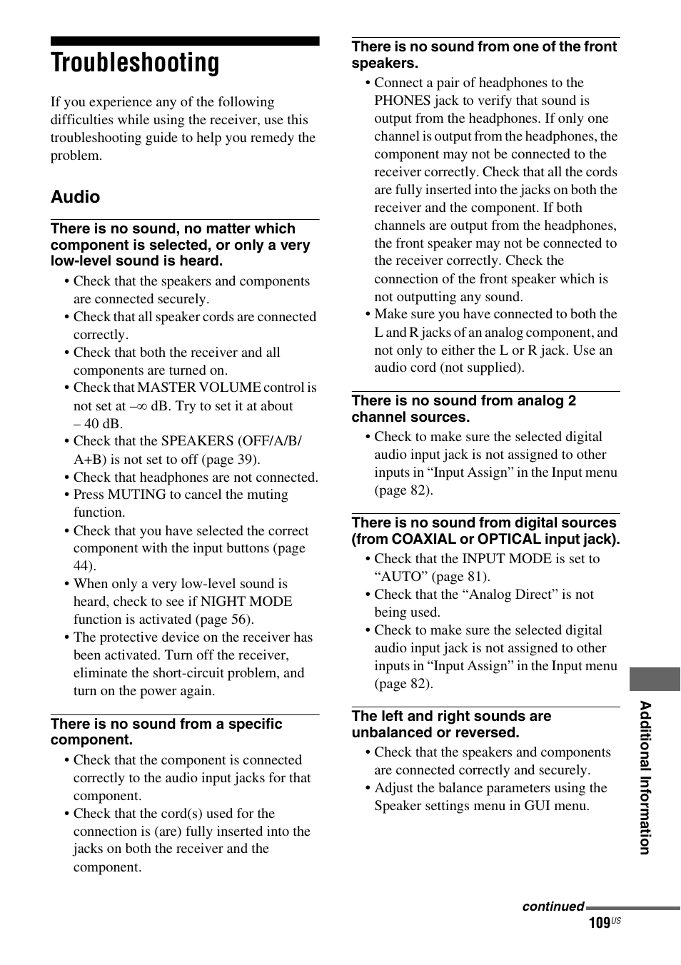 Troubleshooting | Sony STR-DG920 User Manual | Page 109 / 116