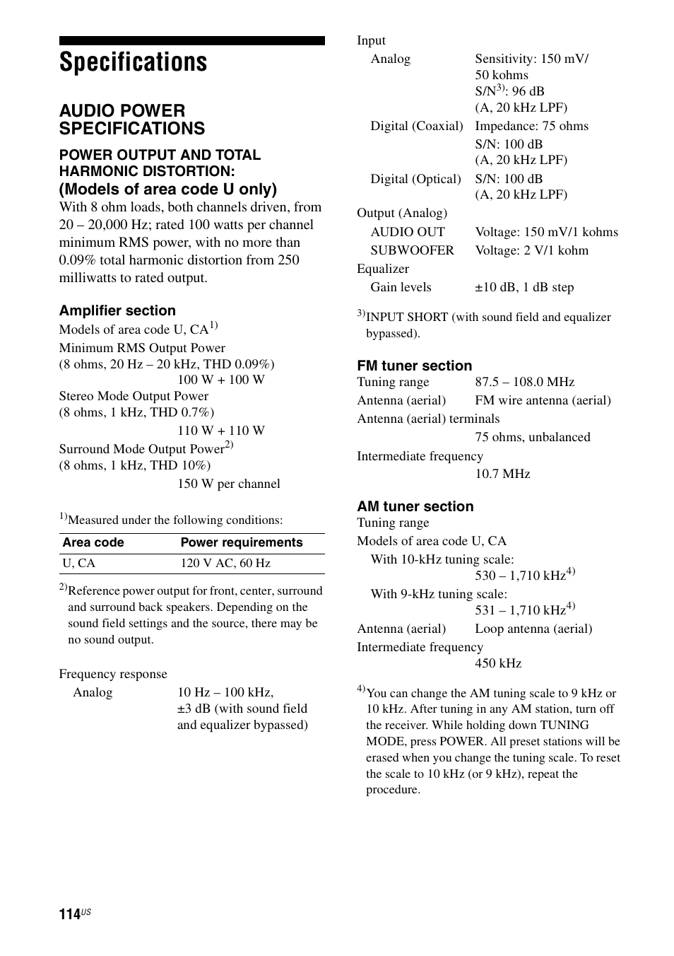Specifications, Audio power specifications | Sony STR-DG920 User Manual | Page 114 / 116