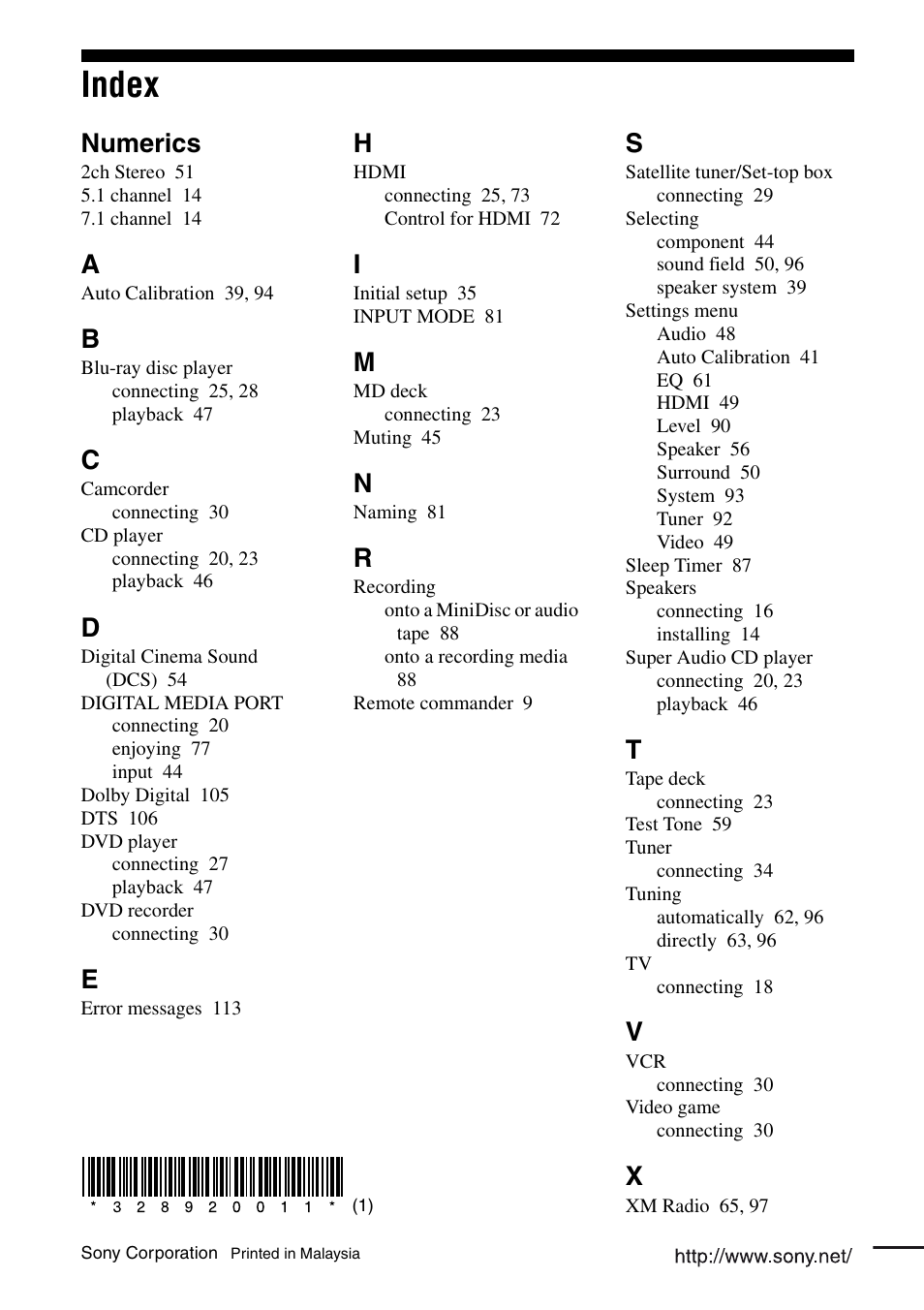 Index, Numerics | Sony STR-DG920 User Manual | Page 116 / 116