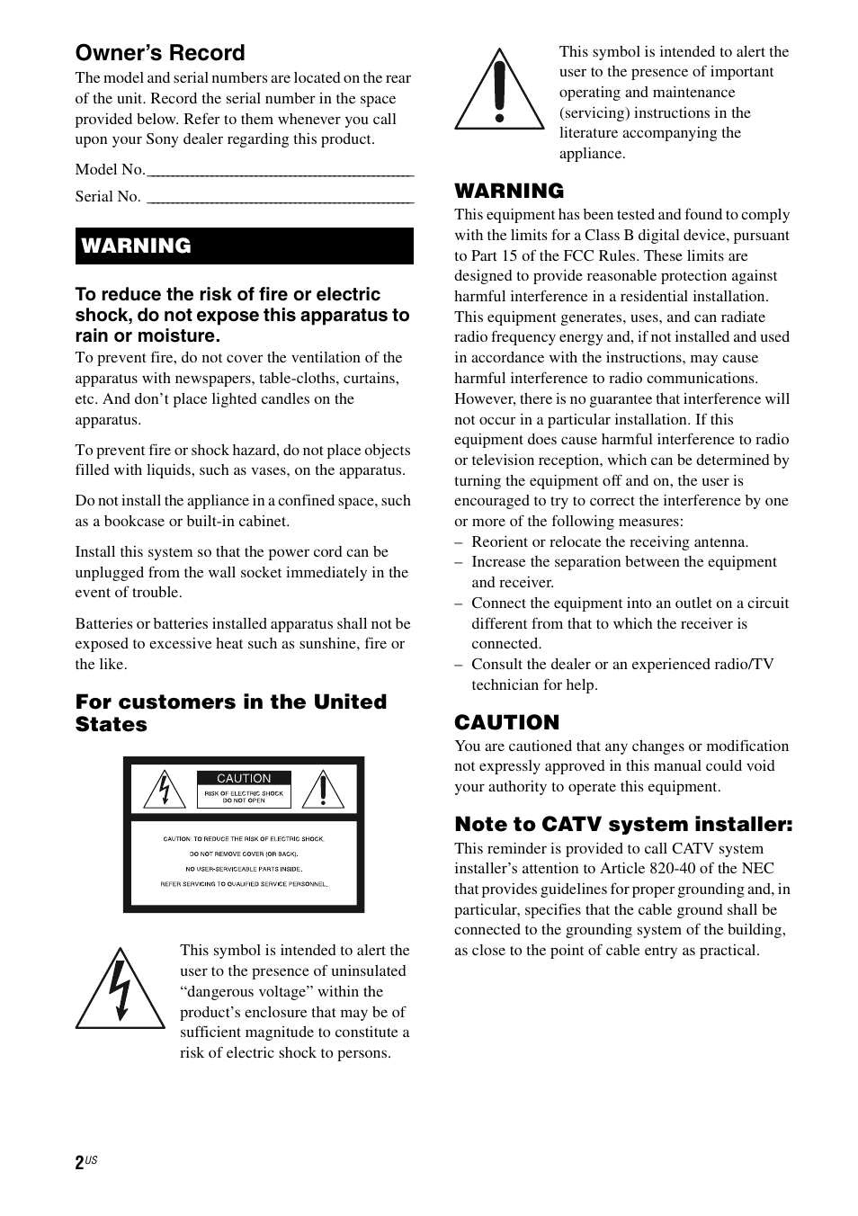 Owner’s record, For customers in the united states, Warning | Caution | Sony STR-DG920 User Manual | Page 2 / 116