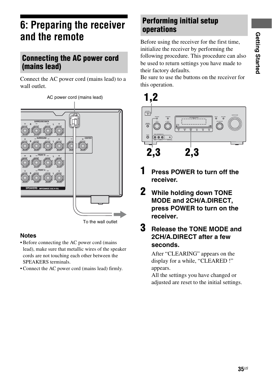 Preparing the receiver and the remote, Connecting the ac power cord (mains lead), Performing initial setup operations | Press power to turn off the receiver, Ge tting star te d | Sony STR-DG920 User Manual | Page 35 / 116