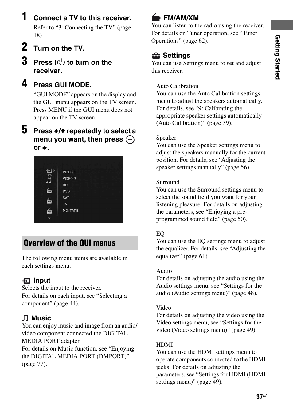 Overview of the gui menus | Sony STR-DG920 User Manual | Page 37 / 116