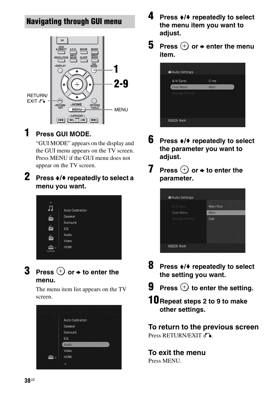 Navigating through gui menu | Sony STR-DG920 User Manual | Page 38 / 116