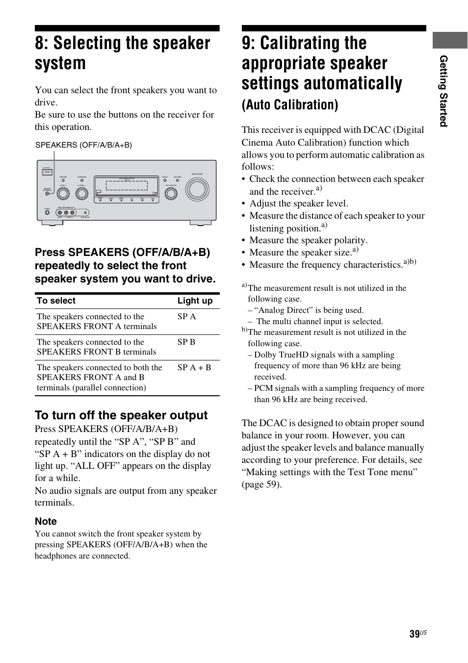 Selecting the speaker system, Settings automatically, Auto calibration) | Ge tting star te d, Measure the frequency characteristics | Sony STR-DG920 User Manual | Page 39 / 116