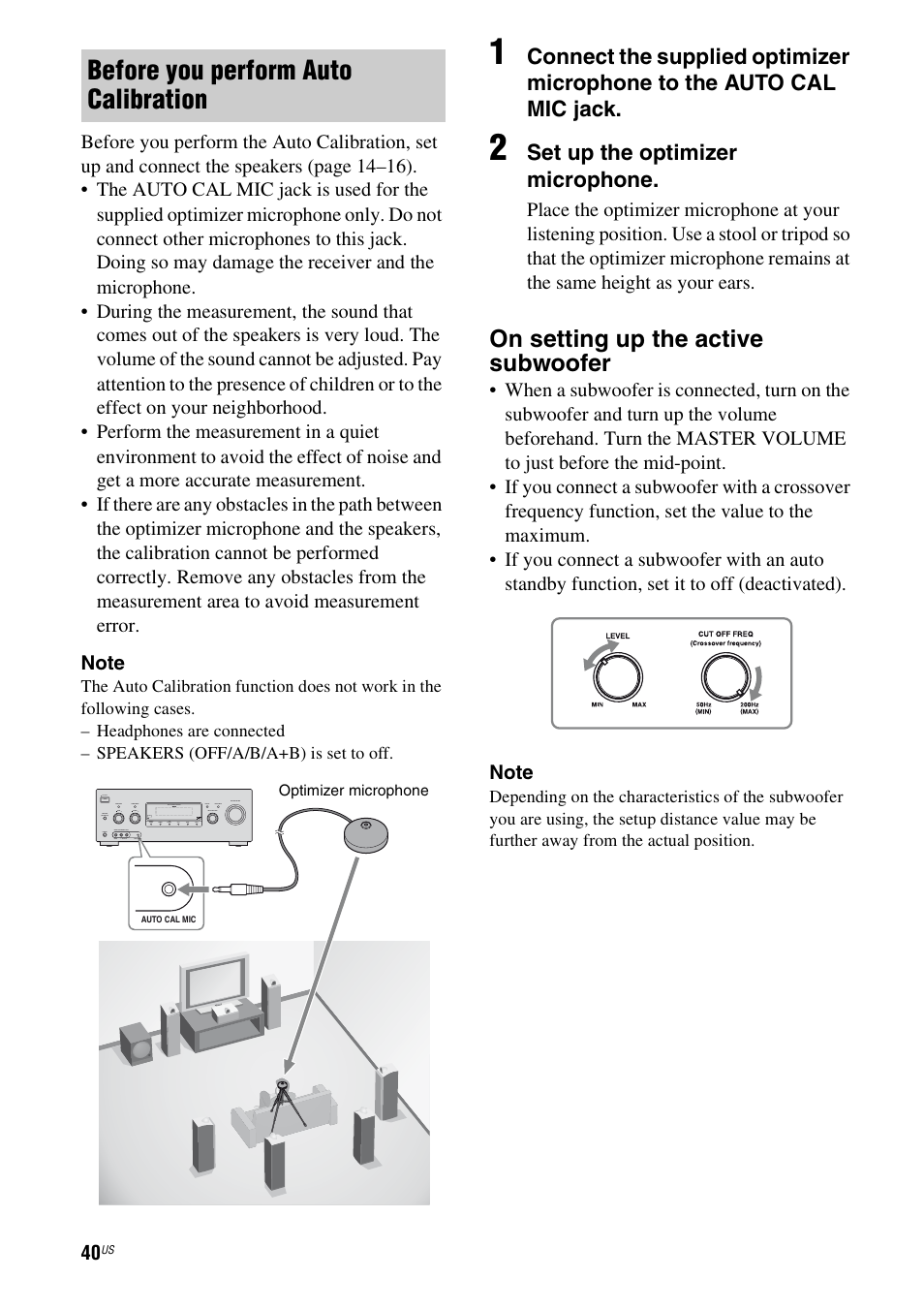 Before you perform auto calibration, On setting up the active subwoofer, Set up the optimizer microphone | Sony STR-DG920 User Manual | Page 40 / 116