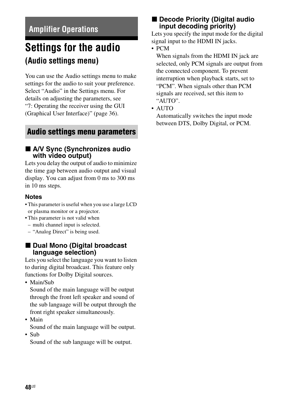 Amplifier operations, Settings for the audio (audio settings menu), Settings for the audio | Audio settings menu) | Sony STR-DG920 User Manual | Page 48 / 116