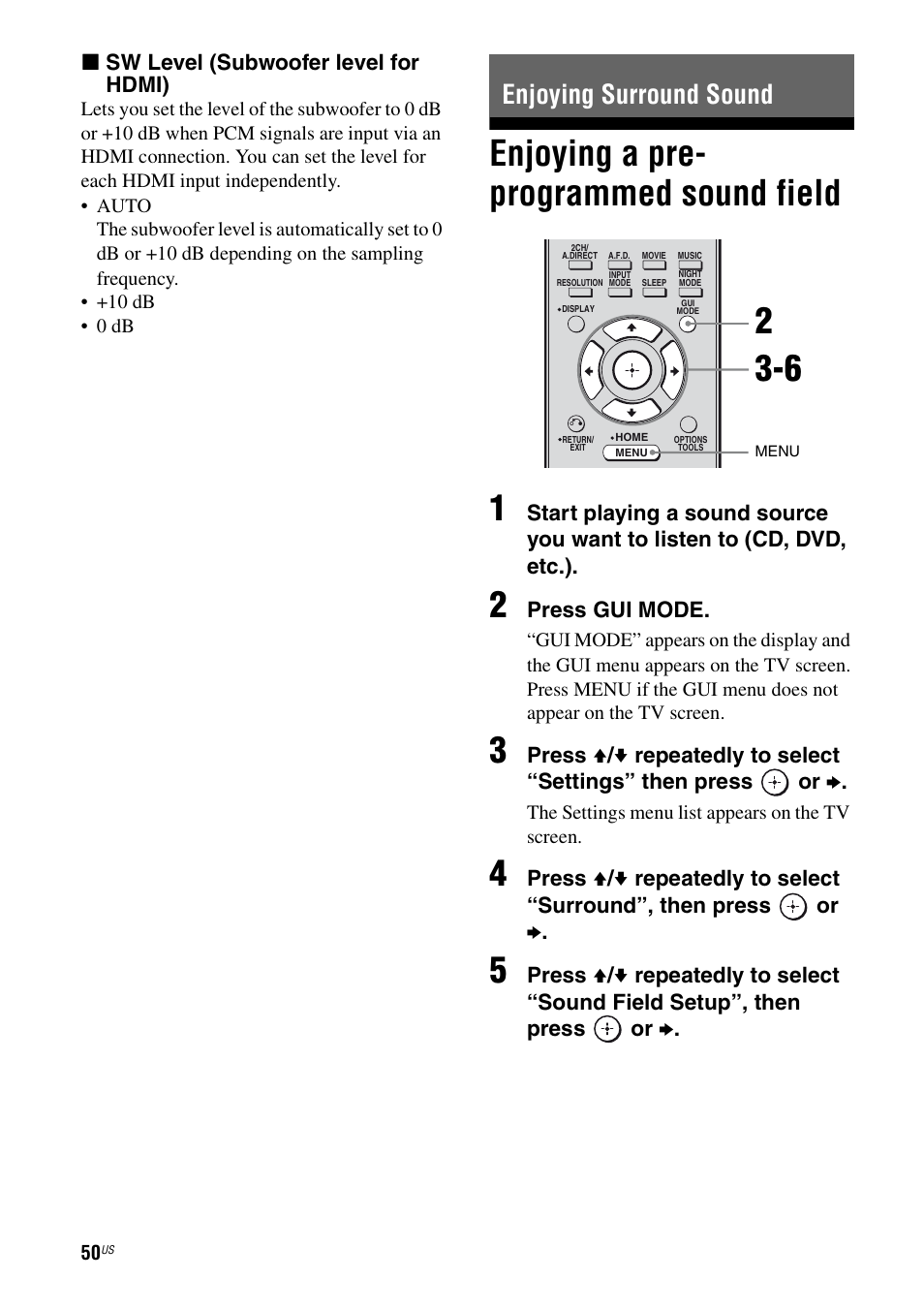 Enjoying surround sound, Enjoying a pre- programmed sound field, Enjoying a pre-programmed sound field | Enjoying a pre- programmed sound field 1 | Sony STR-DG920 User Manual | Page 50 / 116