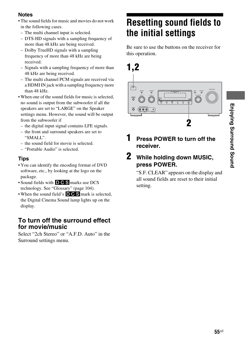 Resetting sound fields to the initial settings, Resetting sound fields to the initial, Settings | Press power to turn off the receiver, While holding down music, press power, Tips | Sony STR-DG920 User Manual | Page 55 / 116