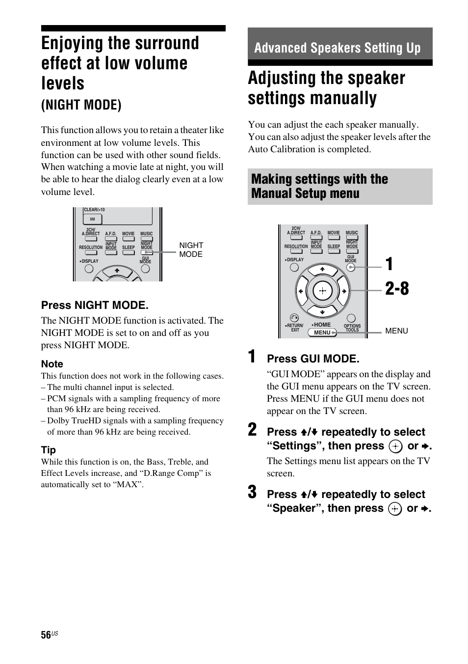 Advanced speakers setting up, Adjusting the speaker settings manually, Enjoying the surround effect at low | Volume levels (night mode), Enjoying the surround effect at low volume levels, Night mode), Press night mode, Press gui mode, The settings menu list appears on the tv screen | Sony STR-DG920 User Manual | Page 56 / 116