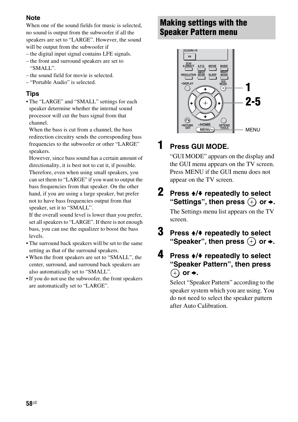 Making settings with the speaker pattern menu, Press gui mode | Sony STR-DG920 User Manual | Page 58 / 116