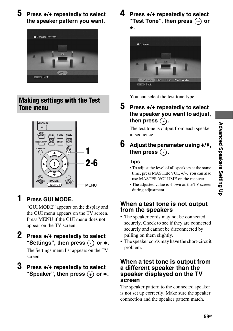 Making settings with the test tone menu, When a test tone is not output from the speakers | Sony STR-DG920 User Manual | Page 59 / 116