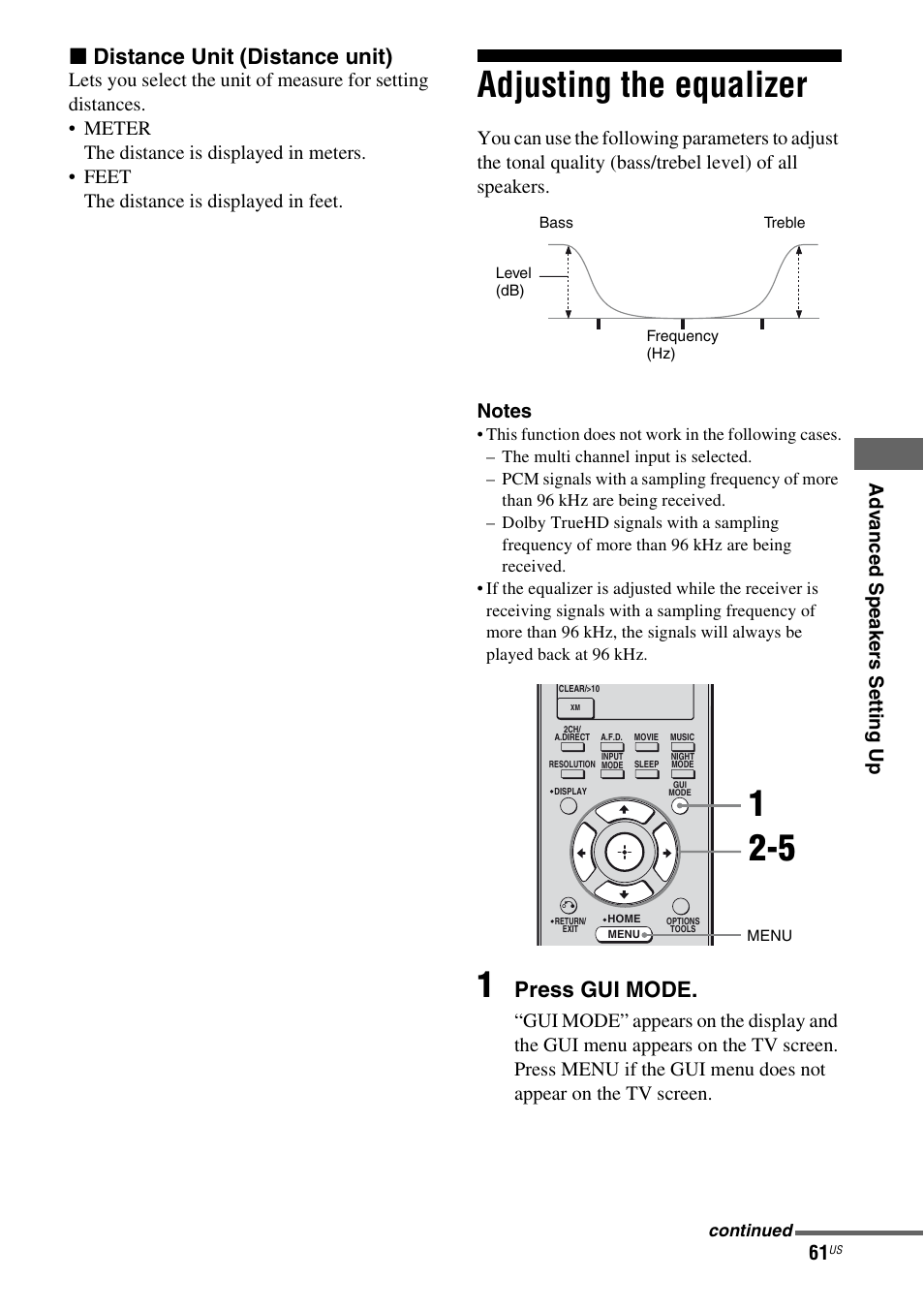 Adjusting the equalizer, X distance unit (distance unit), Press gui mode | Sony STR-DG920 User Manual | Page 61 / 116