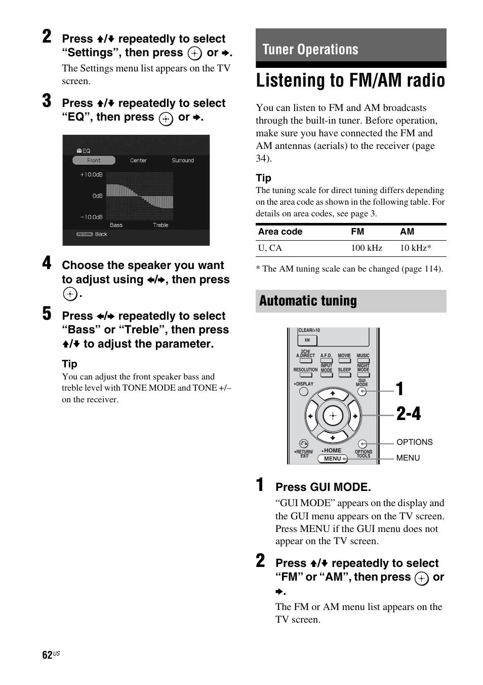 Tuner operations, Listening to fm/am radio, Automatic tuning | Sony STR-DG920 User Manual | Page 62 / 116