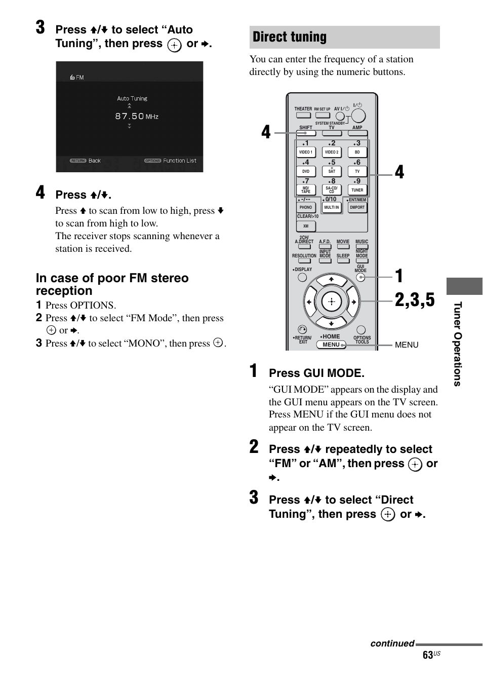 Direct tuning, Press v / v, Press gui mode | Sony STR-DG920 User Manual | Page 63 / 116