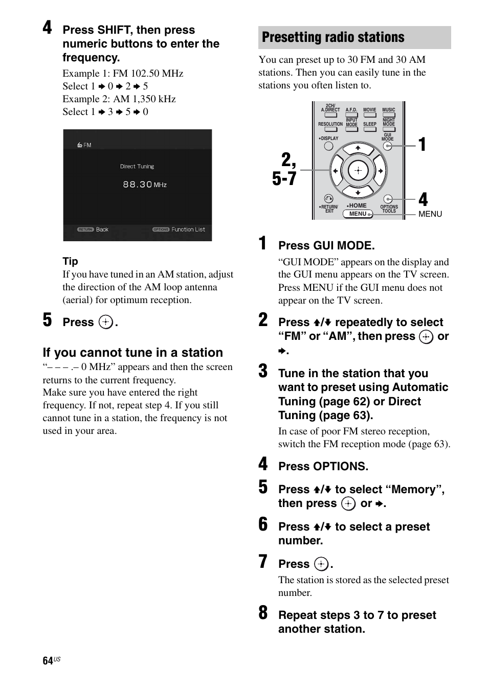 Presetting radio stations, If you cannot tune in a station | Sony STR-DG920 User Manual | Page 64 / 116