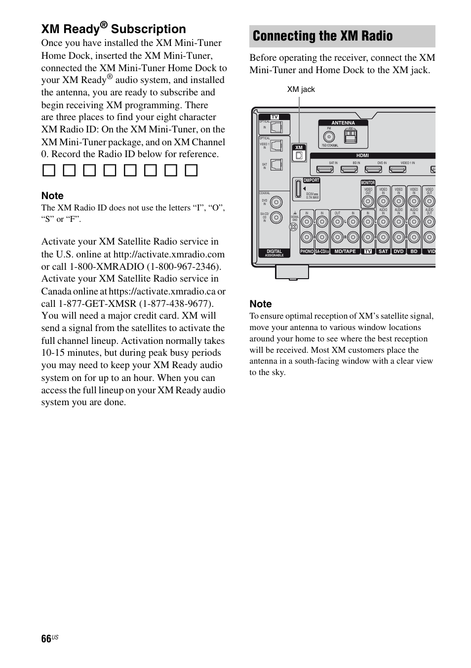 Connecting the xm radio, Xm ready, Subscription | Xm jack | Sony STR-DG920 User Manual | Page 66 / 116