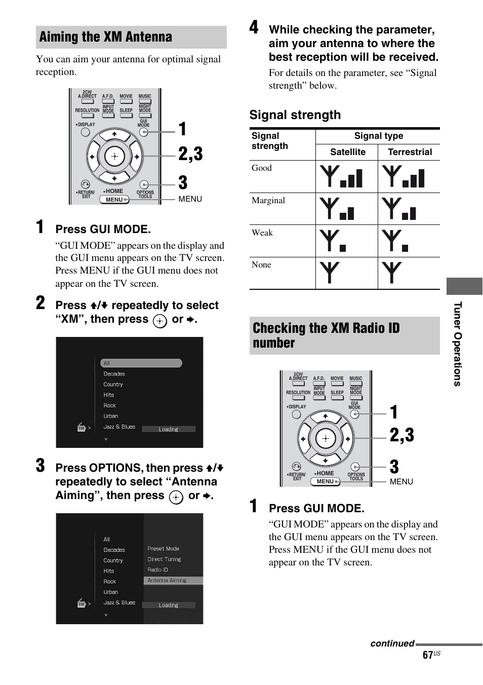 Aiming the xm antenna, Checking the xm radio id number, Signal strength | Press gui mode | Sony STR-DG920 User Manual | Page 67 / 116