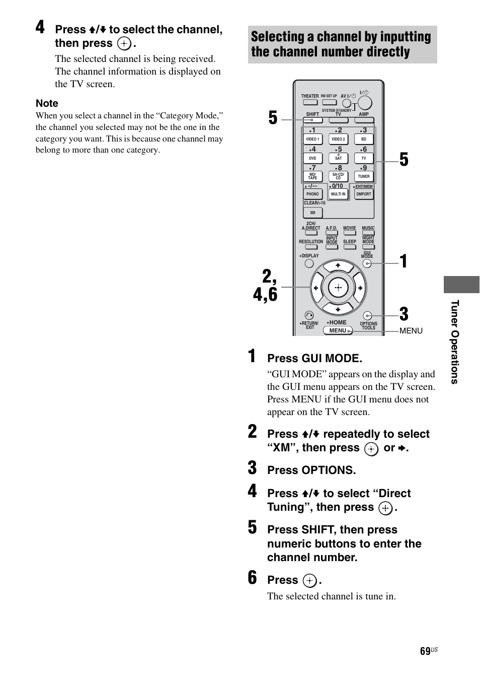 Press v / v to select the channel, then press, Press gui mode, Press options | Press v / v to select “direct tuning”, then press, Press | Sony STR-DG920 User Manual | Page 69 / 116