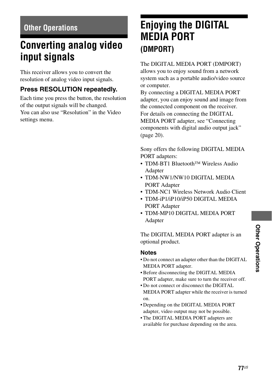 Other operations, Converting analog video input signals, Enjoying the digital media port (dmport) | Enjoying the digital media port, Dmport) | Sony STR-DG920 User Manual | Page 77 / 116