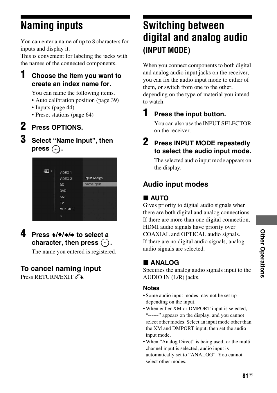 Naming inputs, Naming inputs switching between digital and analog, Audio (input mode) | Switching between digital and analog audio | Sony STR-DG920 User Manual | Page 81 / 116
