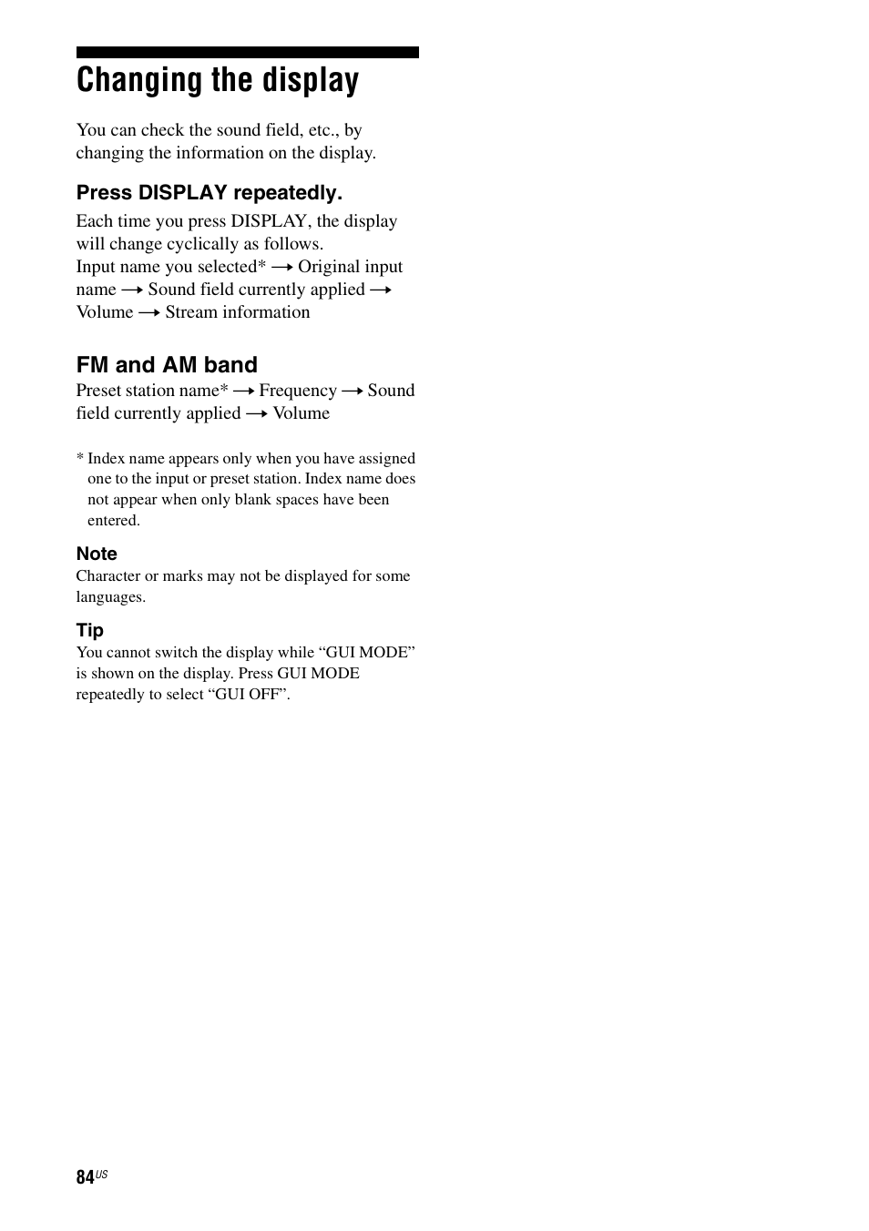 Changing the display, Fm and am band | Sony STR-DG920 User Manual | Page 84 / 116
