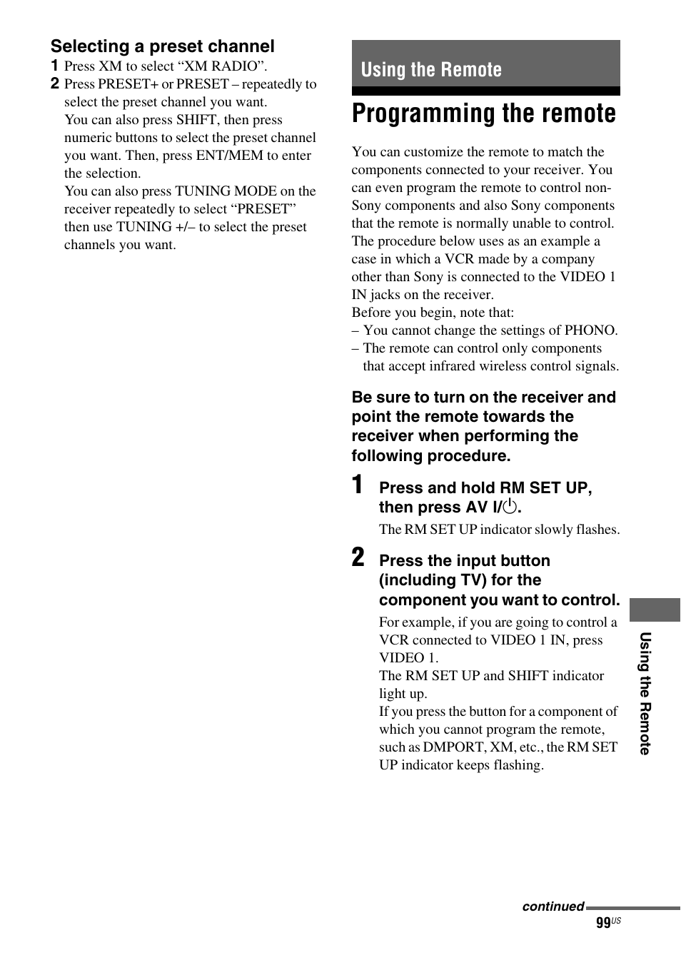 Using the remote, Programming the remote | Sony STR-DG920 User Manual | Page 99 / 116