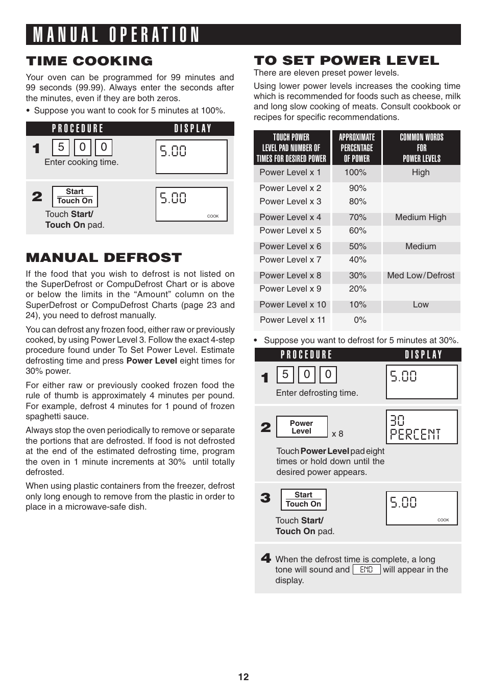 Time cooking, Manual defrost | Sony CAROUSEL R-530E User Manual | Page 14 / 40