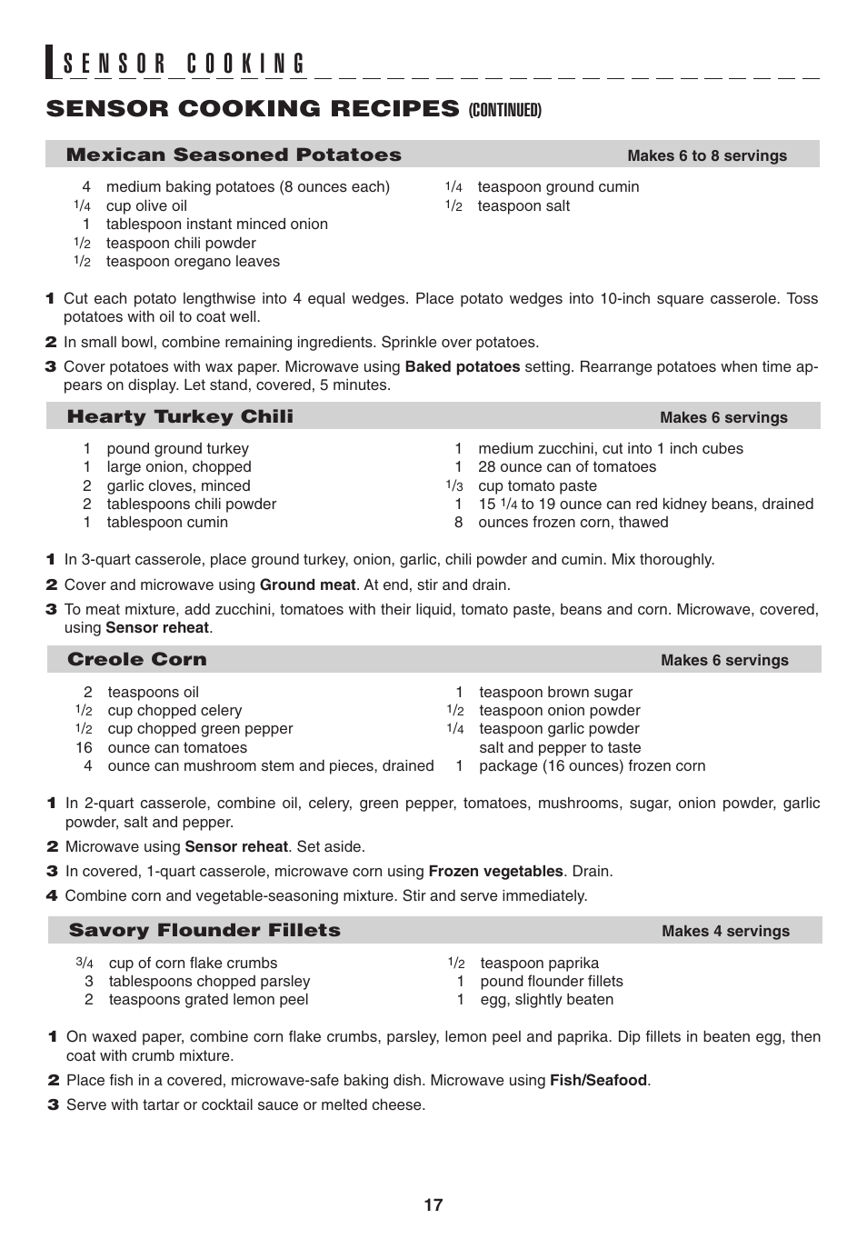 Sensor cooking recipes, Continued) | Sony CAROUSEL R-530E User Manual | Page 19 / 40