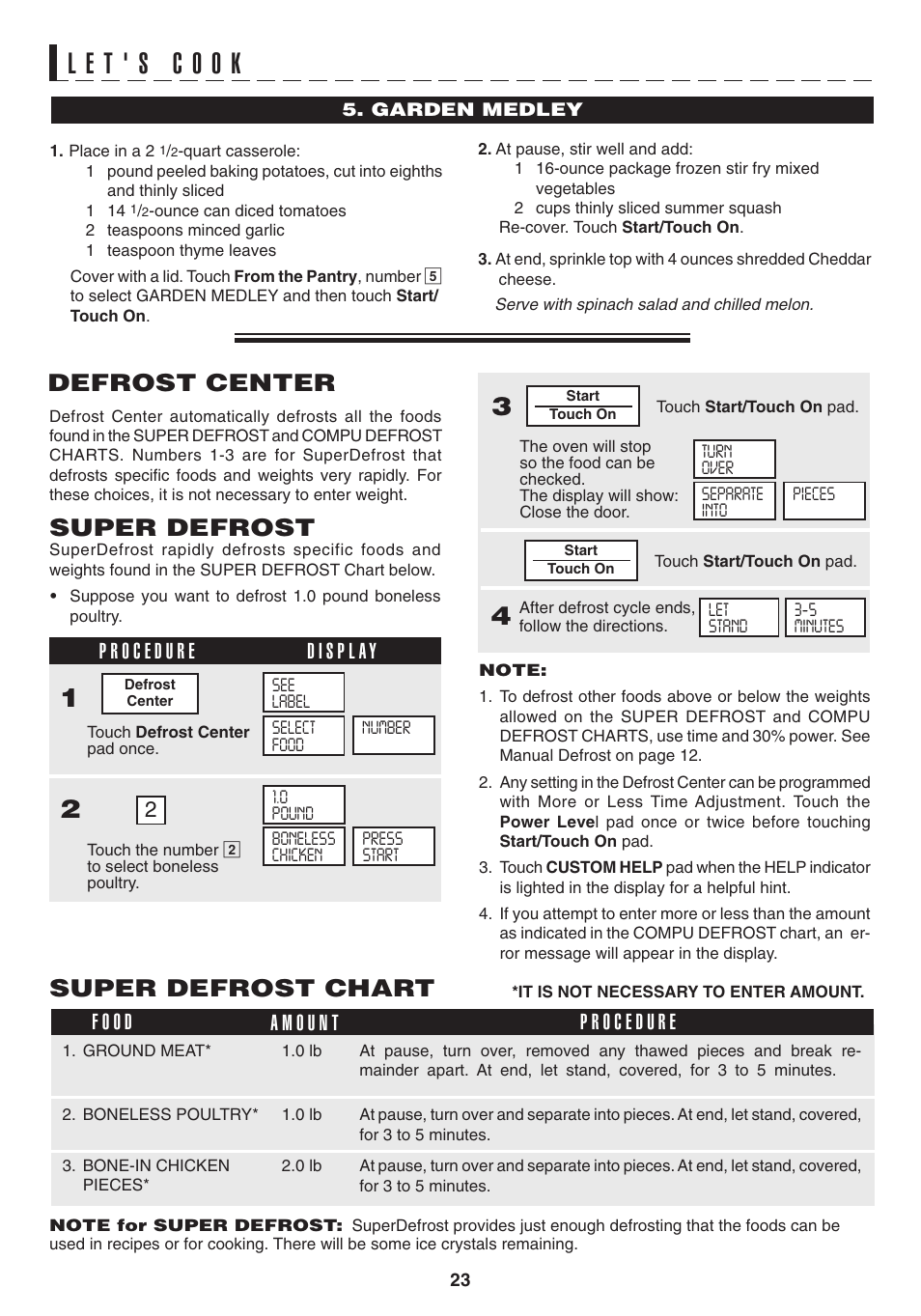 Defrost center, Super defrost, Super defrost chart | Sony CAROUSEL R-530E User Manual | Page 25 / 40