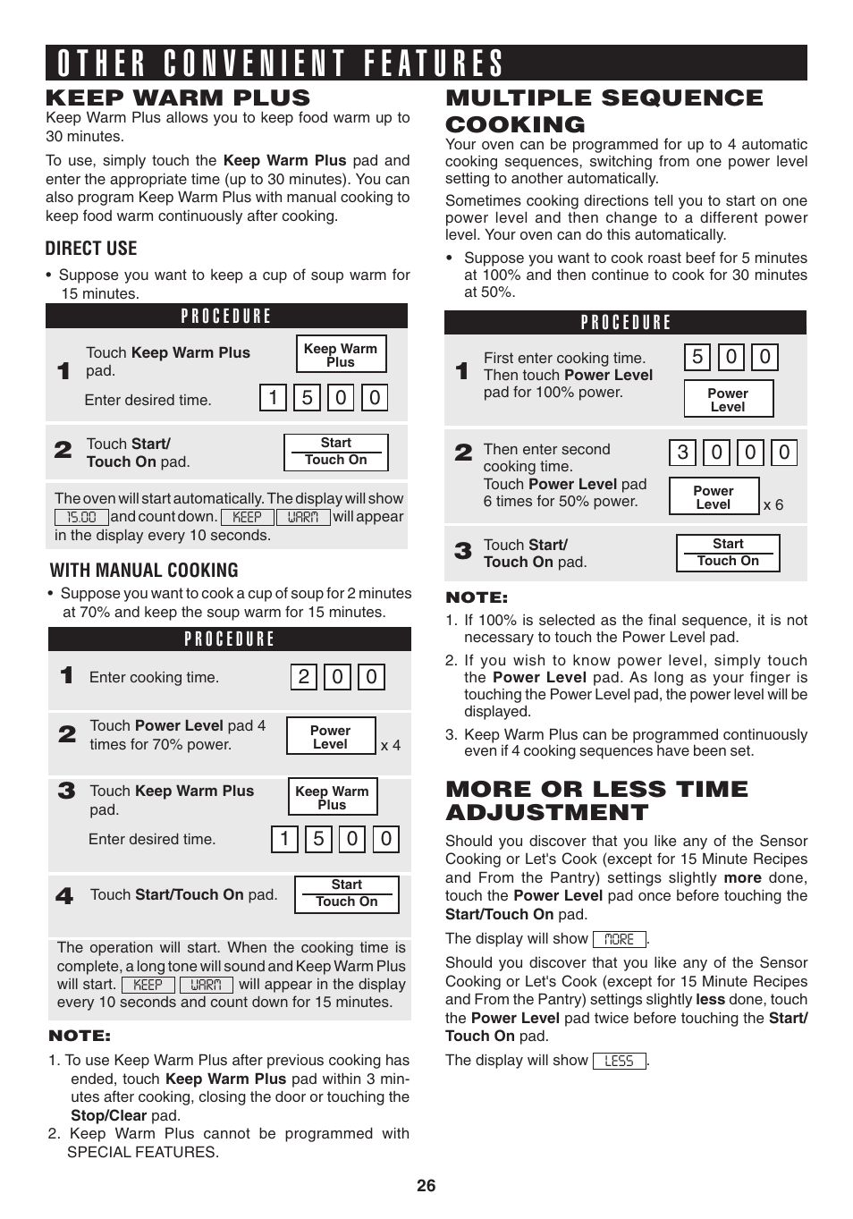 Keep warm plus, More or less time adjustment, Multiple sequence cooking | Sony CAROUSEL R-530E User Manual | Page 28 / 40