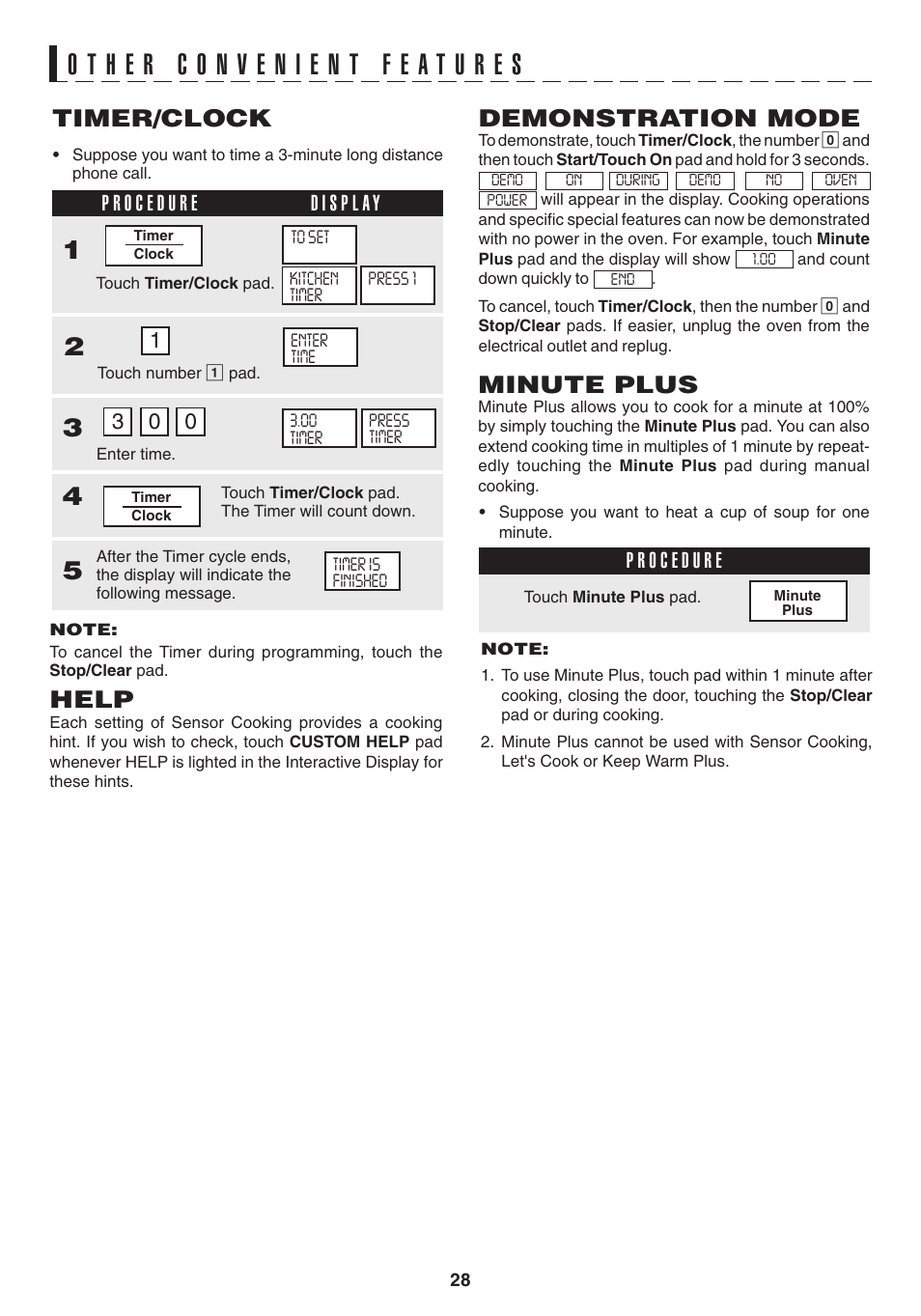 Help, Timer/clock, Demonstration mode | Minute plus | Sony CAROUSEL R-530E User Manual | Page 30 / 40