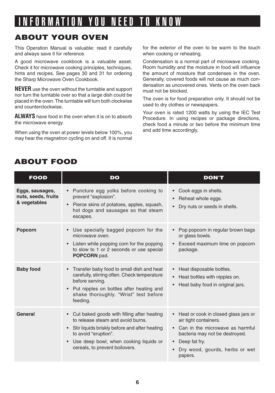 About your oven about food | Sony CAROUSEL R-530E User Manual | Page 8 / 40