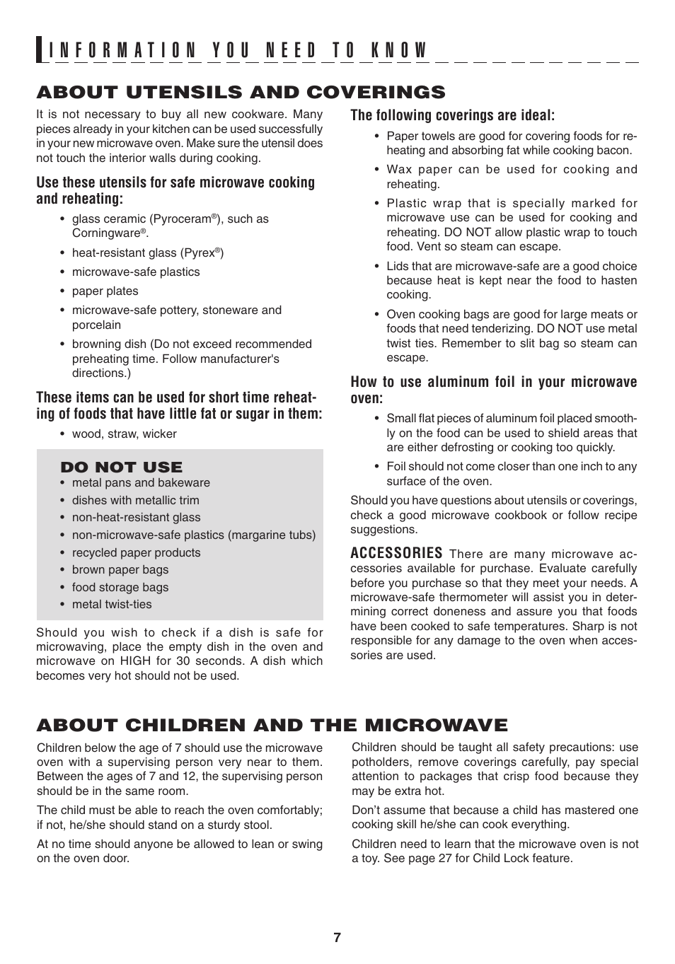 About children and the microwave, About utensils and coverings | Sony CAROUSEL R-530E User Manual | Page 9 / 40