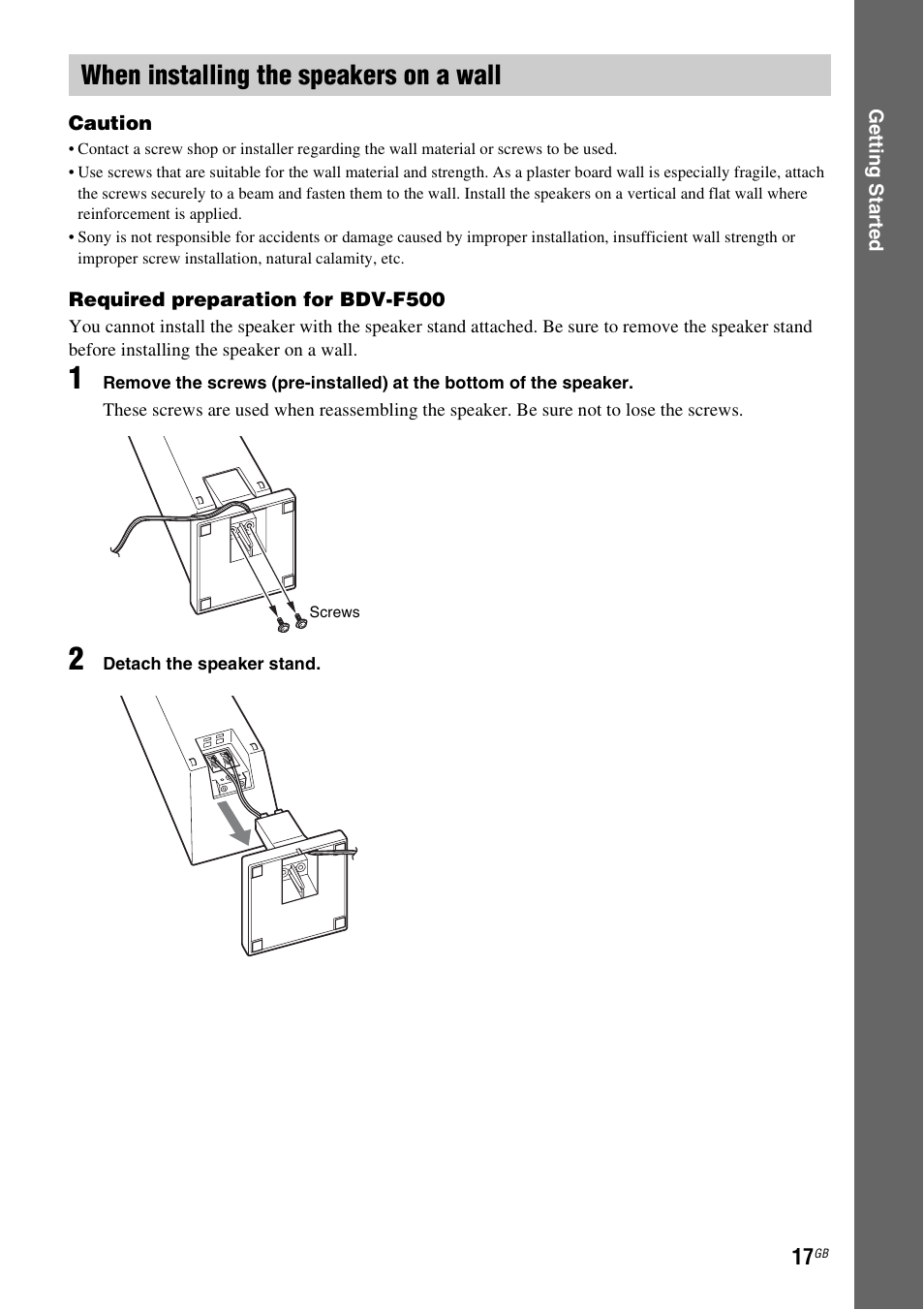 When installing the speakers on a wall | Sony F500 User Manual | Page 17 / 76