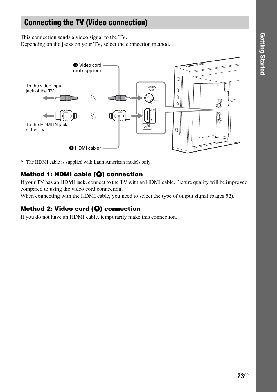 Connecting the tv (video connection), E 23), Ge tting star te d | Method 1: hdmi cable ( a ) connection, Method 2: video cord ( b ) connection | Sony F500 User Manual | Page 23 / 76