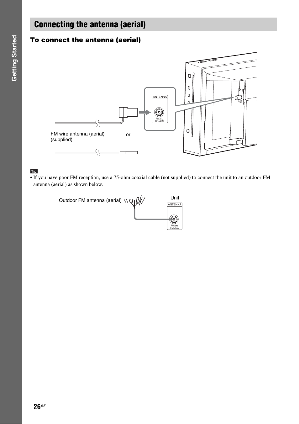 Connecting the antenna (aerial), E 26, Gettin g star ted to connect the antenna (aerial) | Sony F500 User Manual | Page 26 / 76