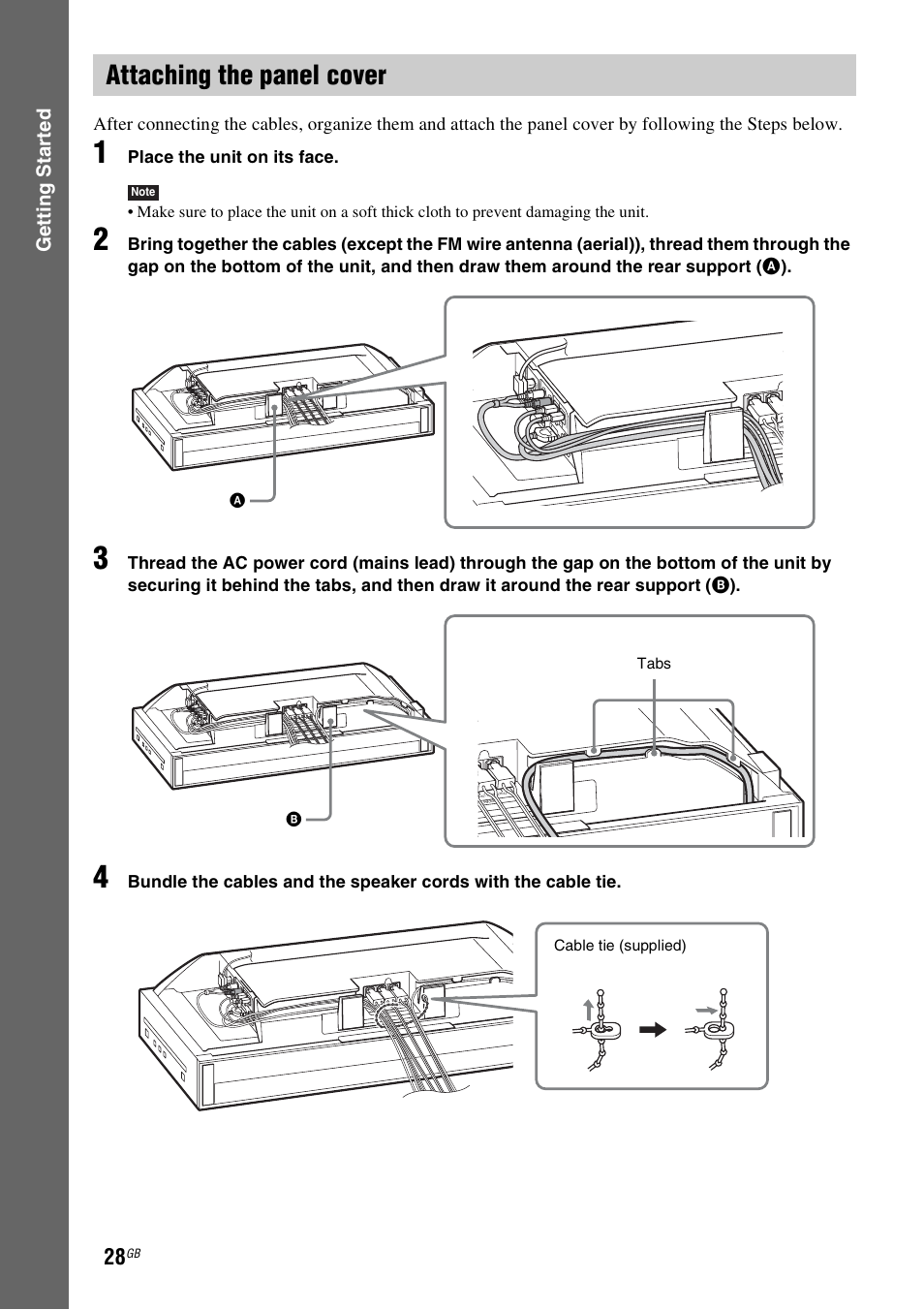 Attaching the panel cover, Gettin g star ted, Place the unit on its face | Sony F500 User Manual | Page 28 / 76