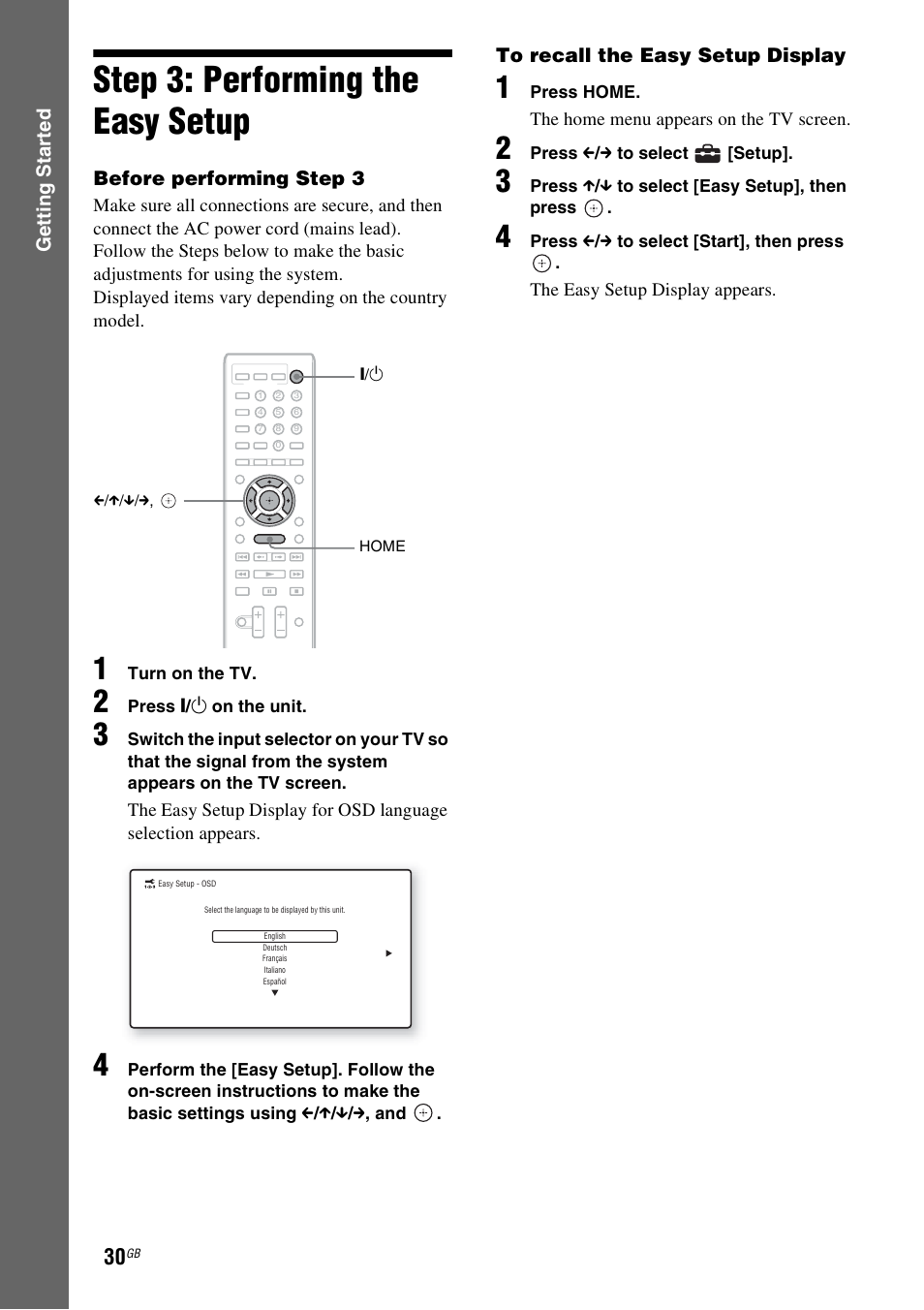 Step 3: performing the easy setup, Step 3: performing the easy, Setup | Es 30 | Sony F500 User Manual | Page 30 / 76