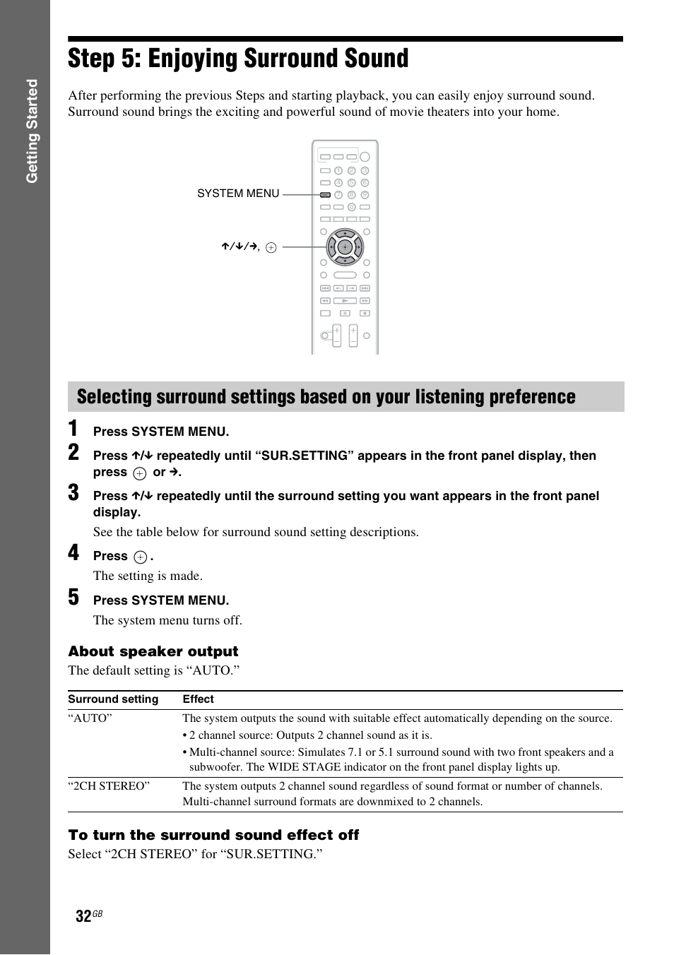 Step 5: enjoying surround sound, Step 5: enjoying surround, Sound | Es 32 | Sony F500 User Manual | Page 32 / 76