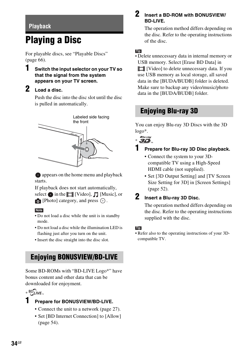 Playback, Playing a disc, Enjoying bonusview/bd-live | Enjoying blu-ray 3d, Es 34 | Sony F500 User Manual | Page 34 / 76