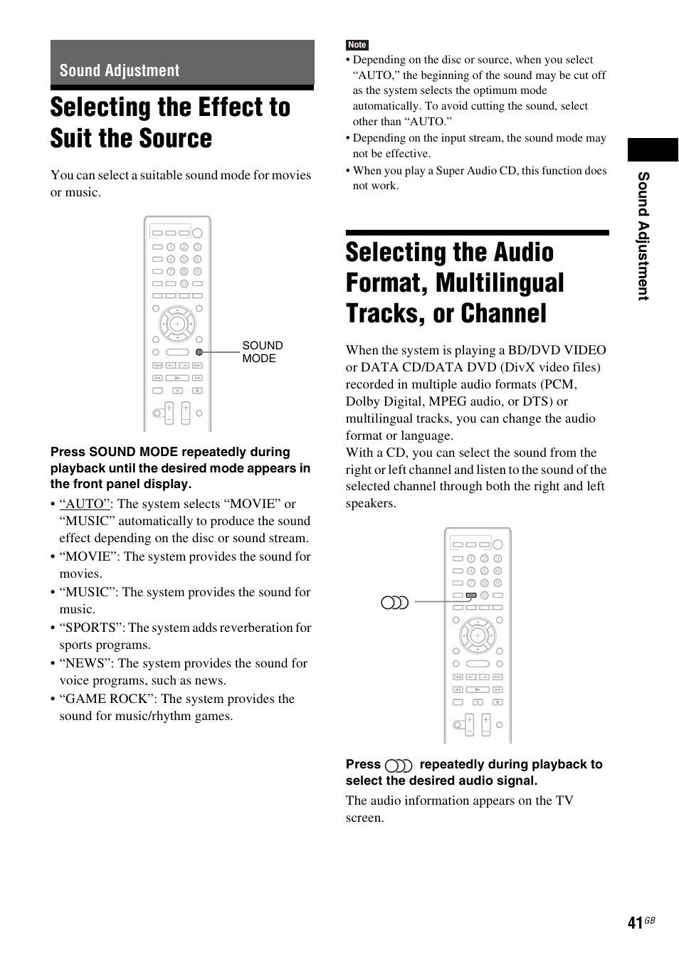 Sound adjustment, Selecting the effect to suit the source, Selecting the effect to suit | The source, Selecting the audio format, multilingual, Tracks, or channel, Es 41, Sou nd adj u stm e nt, The audio information appears on the tv screen | Sony F500 User Manual | Page 41 / 76