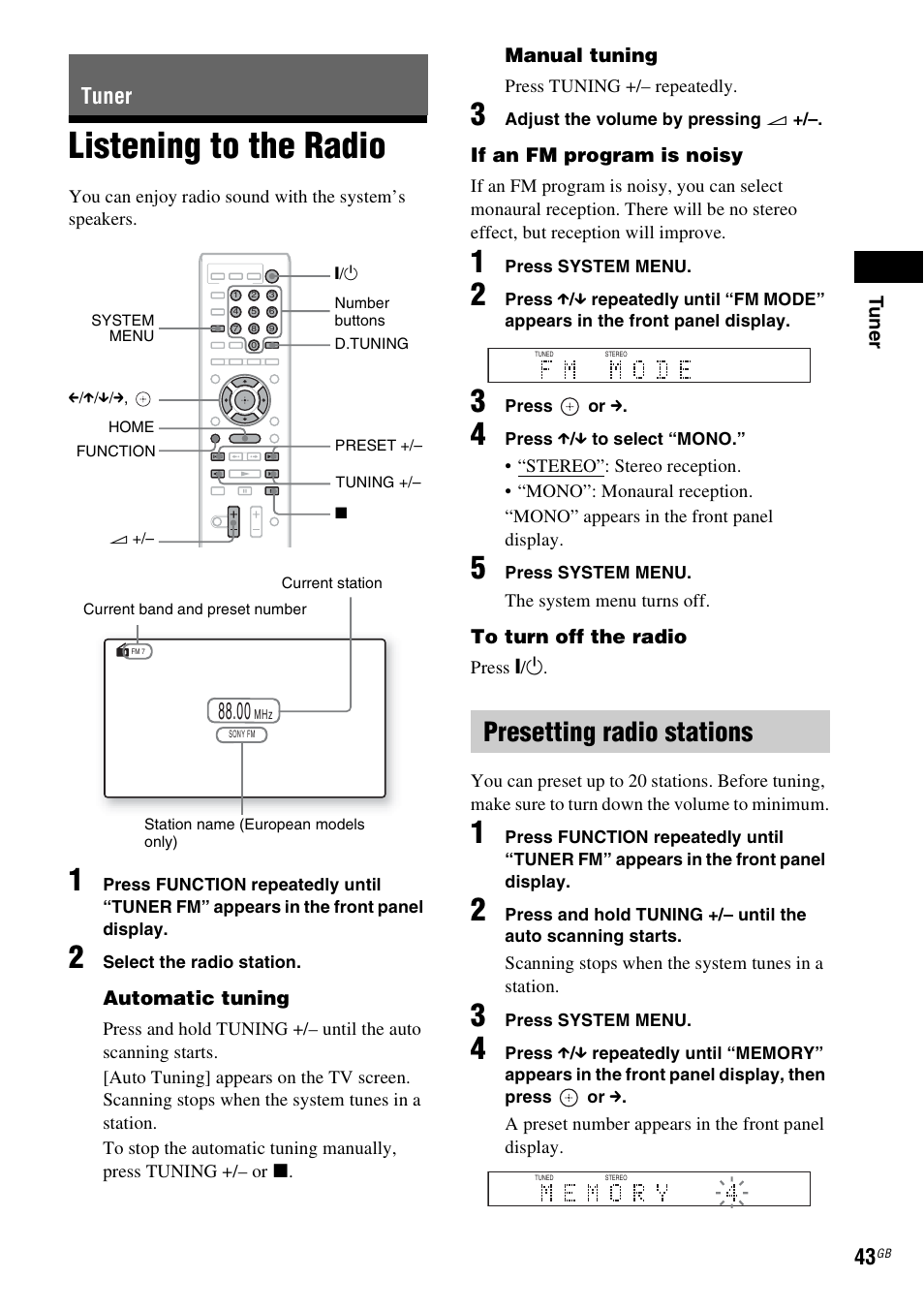 Tuner, Listening to the radio, Presetting radio stations | E 43) | Sony F500 User Manual | Page 43 / 76