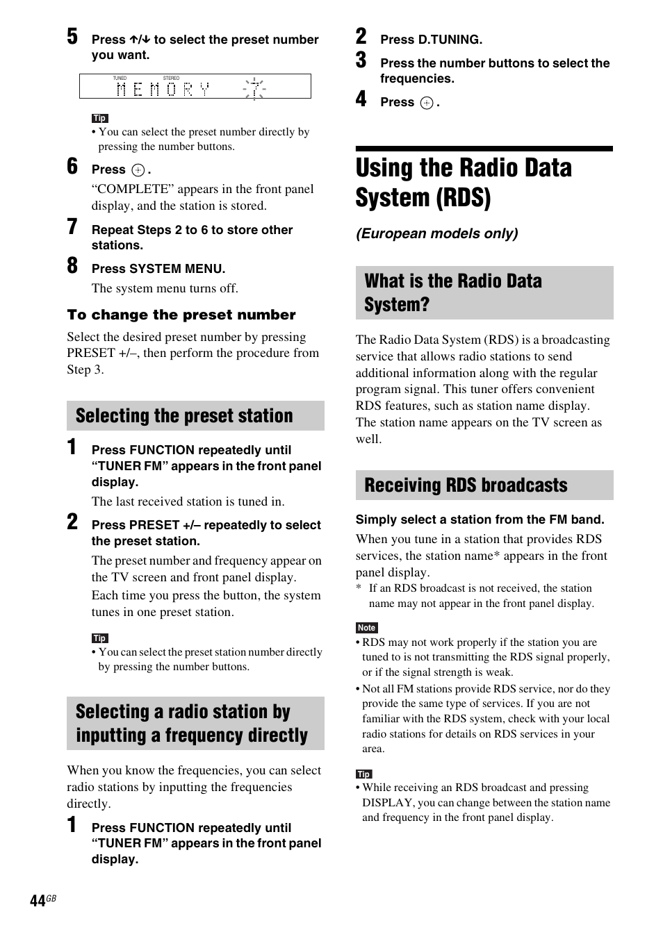 Selecting the preset station, Using the radio data system (rds), What is the radio data system | Receiving rds broadcasts, Using the radio data system, Rds) | Sony F500 User Manual | Page 44 / 76