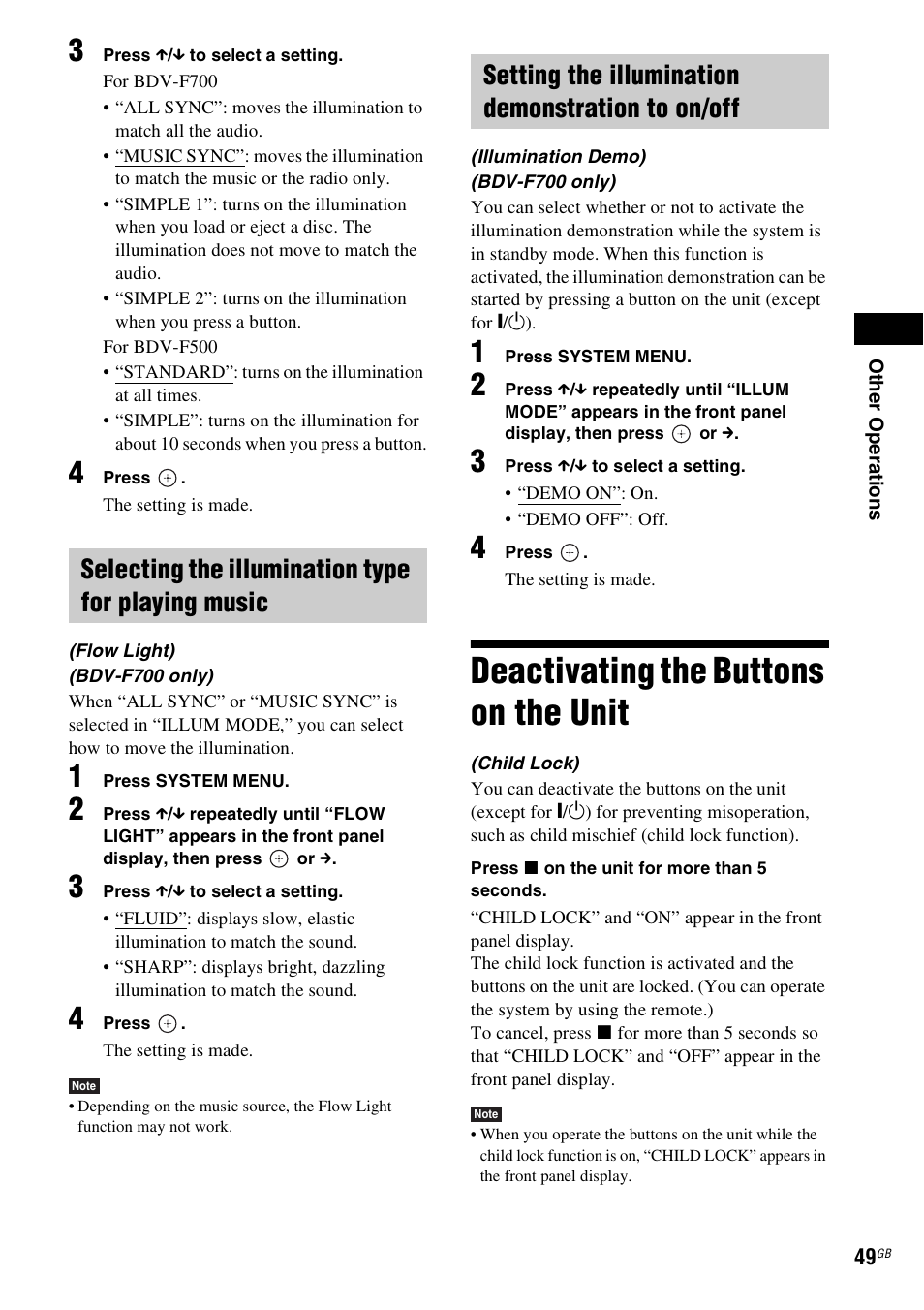Selecting the illumination type for playing music, Setting the illumination demonstration to on/off, Deactivating the buttons on the unit | Deactivating the buttons on, The unit | Sony F500 User Manual | Page 49 / 76