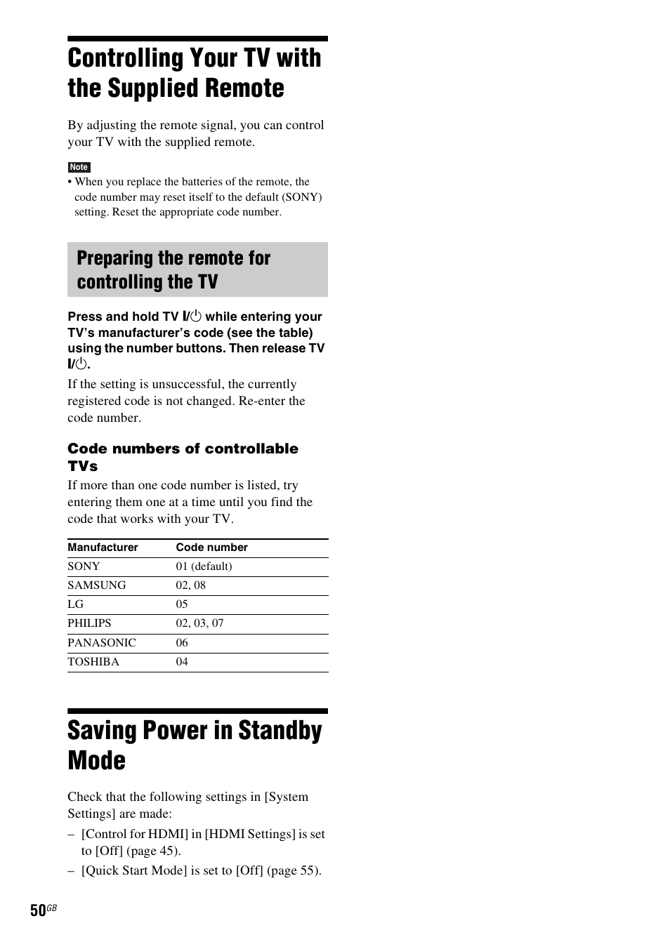 Controlling your tv with the supplied remote, Preparing the remote for controlling the tv, Saving power in standby mode | Controlling your tv with the supplied, Remote | Sony F500 User Manual | Page 50 / 76
