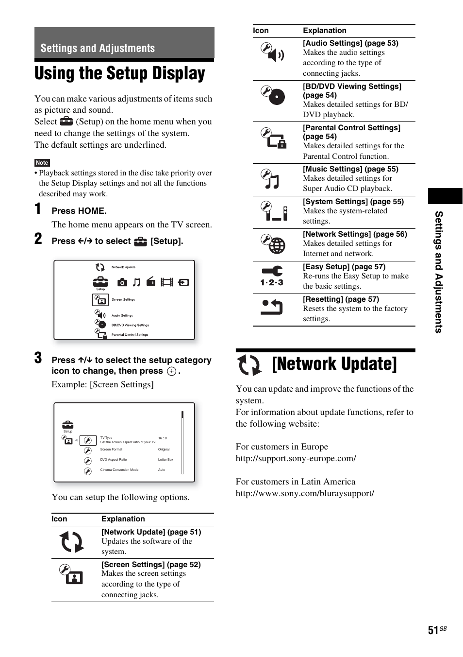 Settings and adjustments, Using the setup display, Network update | Using the setup display [network update | Sony F500 User Manual | Page 51 / 76